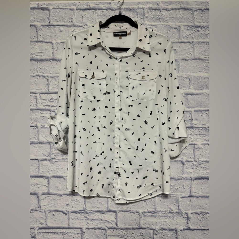 Karl Lagerfeld Blouse Shirt White Black Print Sunglasses Paris Tab Sleeve